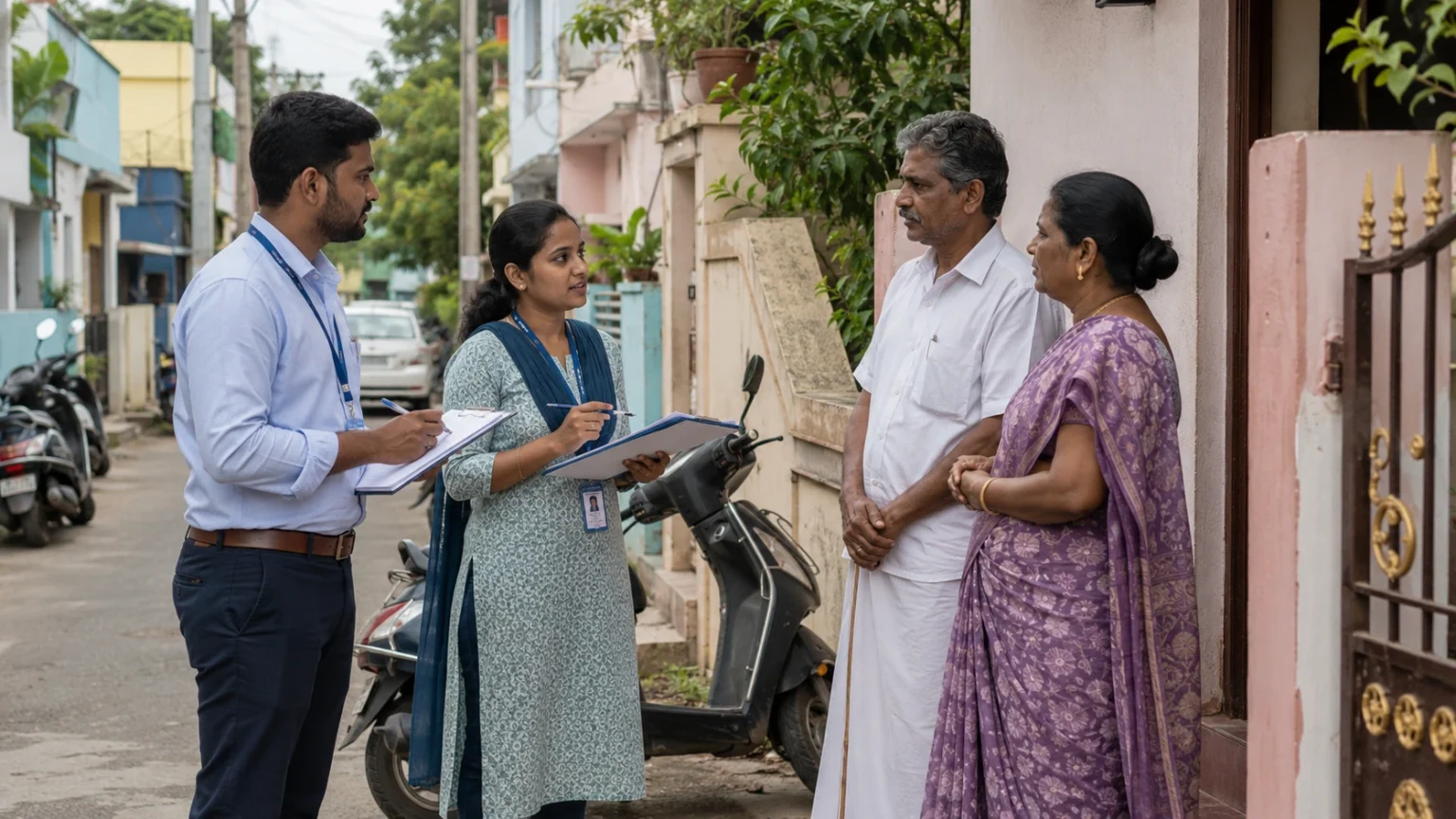 Two field workers with clipboards verifying swing booths by talking to residents on a South Indian street