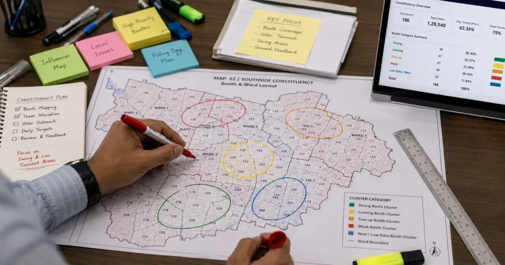 Campaign strategist marking booth clusters with colour codes on a printed Indian assembly constituency map