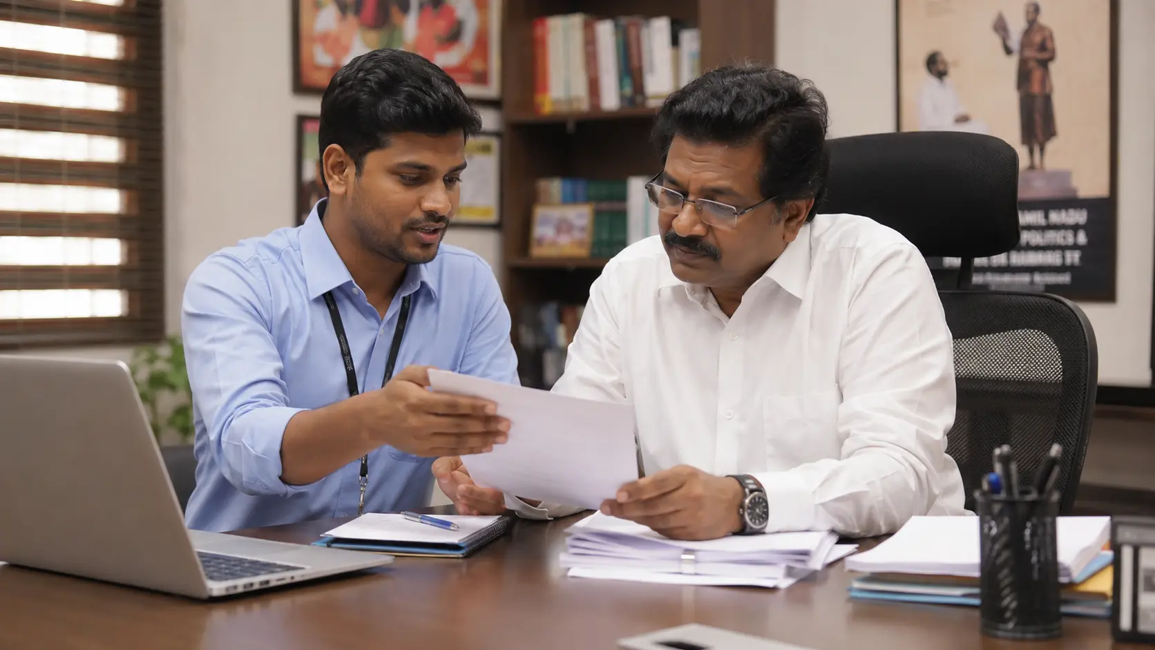Junior analyst presenting a briefing note to a senior colleague across a desk