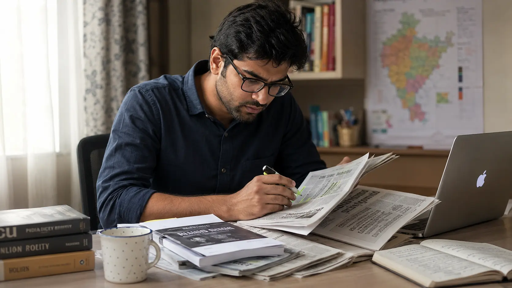 Young political analyst reading newspapers and policy reports at a desk, highlighting key passages