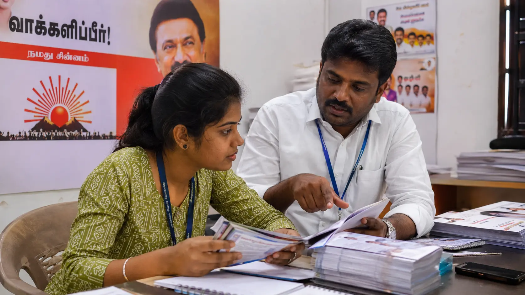 Young professional volunteering at a campaign desk being guided by an experienced staffer