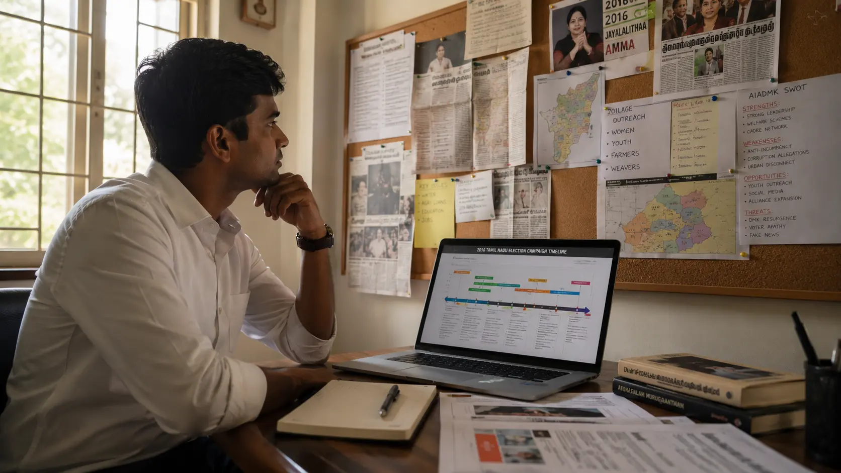 Aspiring strategist studying past campaign case studies pinned on a corkboard with a laptop campaign timeline