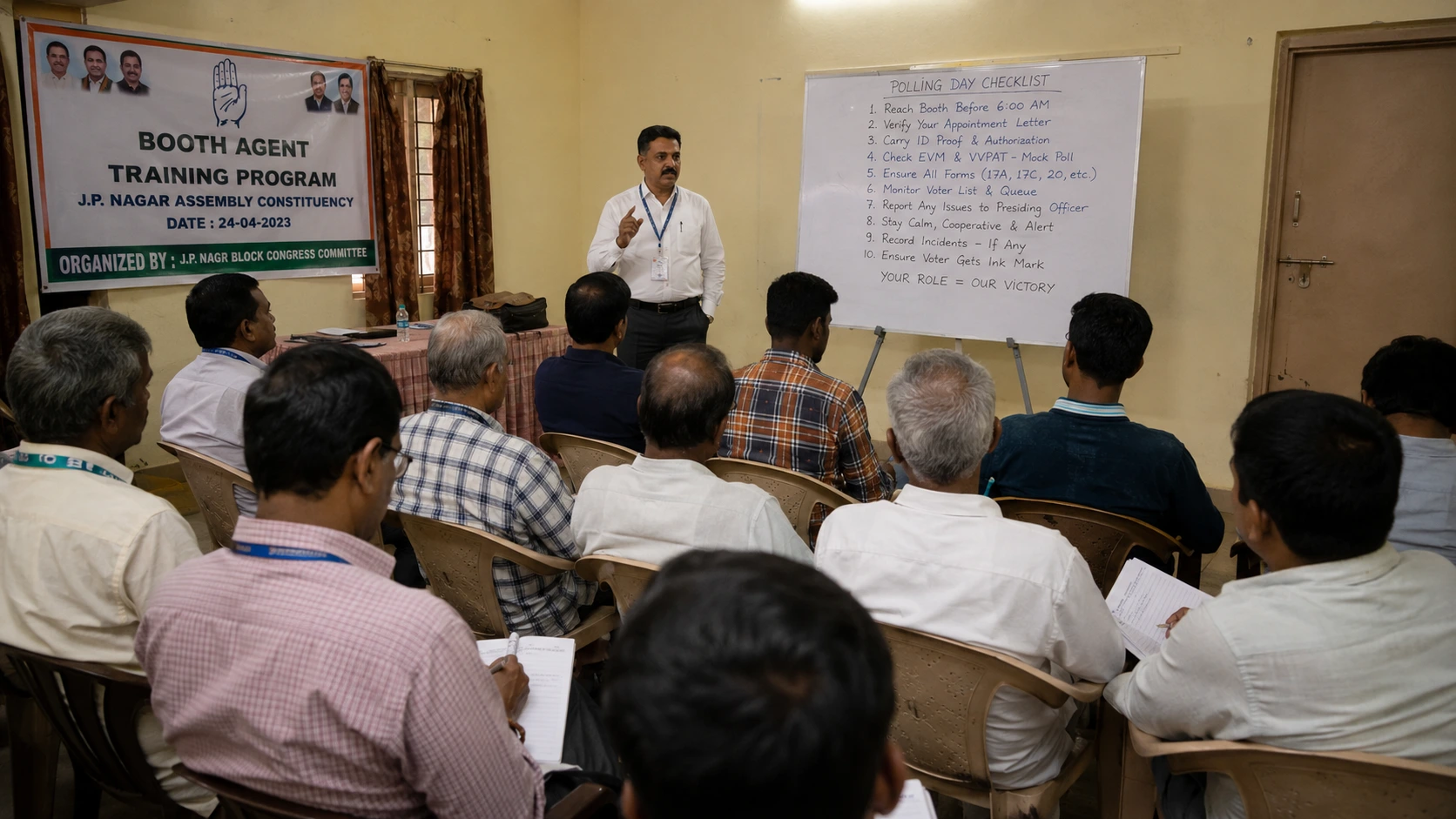 Campaign coordinator training a group of booth agents in a hall using a whiteboard checklist