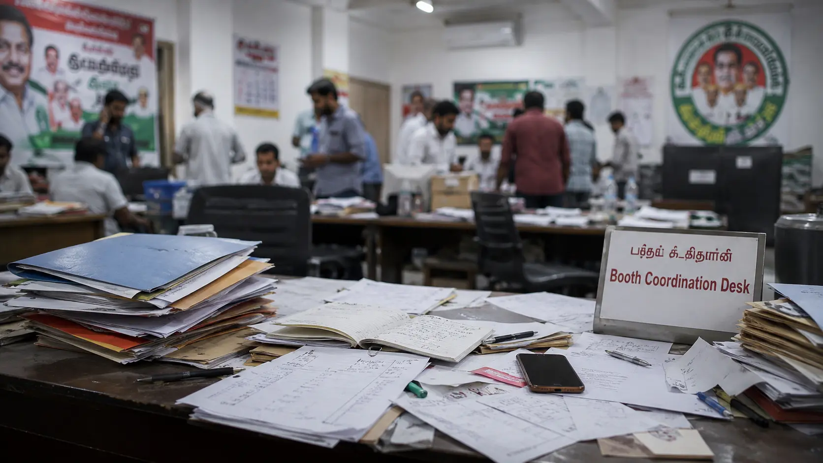 Empty, disorganised booth coordination desk with scattered unsorted papers