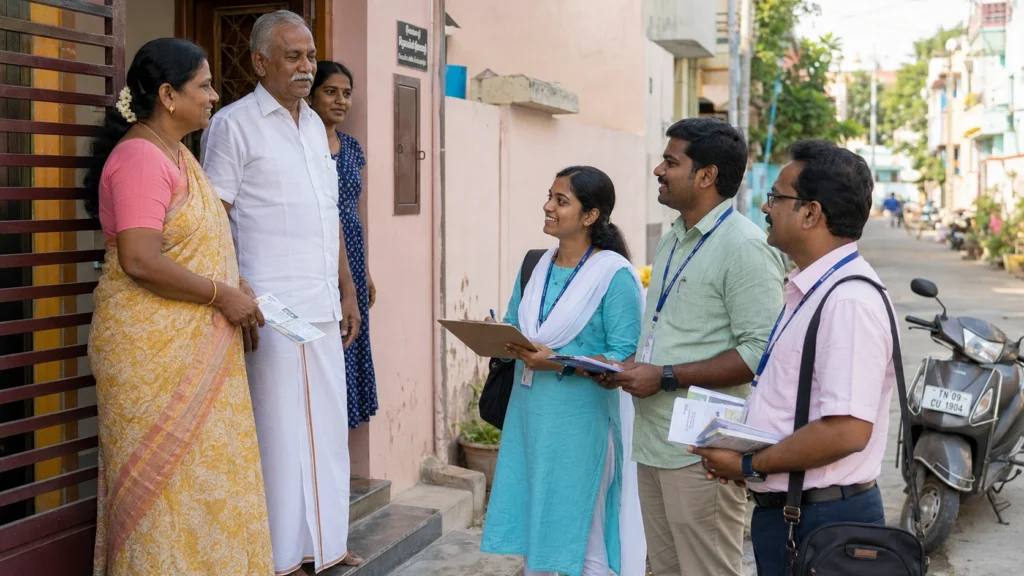Door-to-door campaign volunteers greeting a family at their doorstep during ground operations in Tamil Nadu