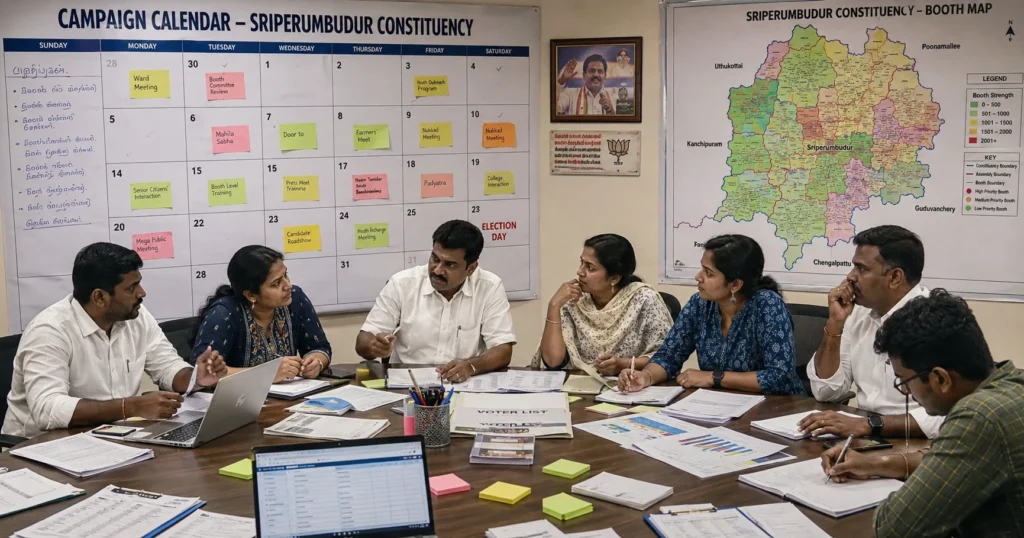 Election campaign planning session in India with a calendar wall, constituency map, and strategy team around a table