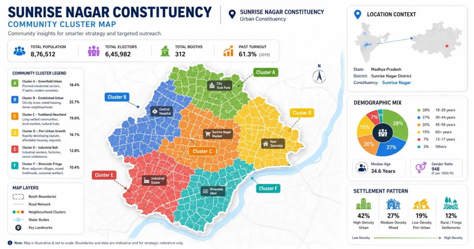 Colour-coded community cluster map of an Indian assembly constituency overlaid on polling booth boundaries