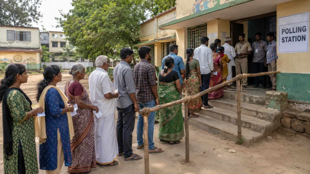 Voters from diverse communities queueing outside a polling station in South India on election day