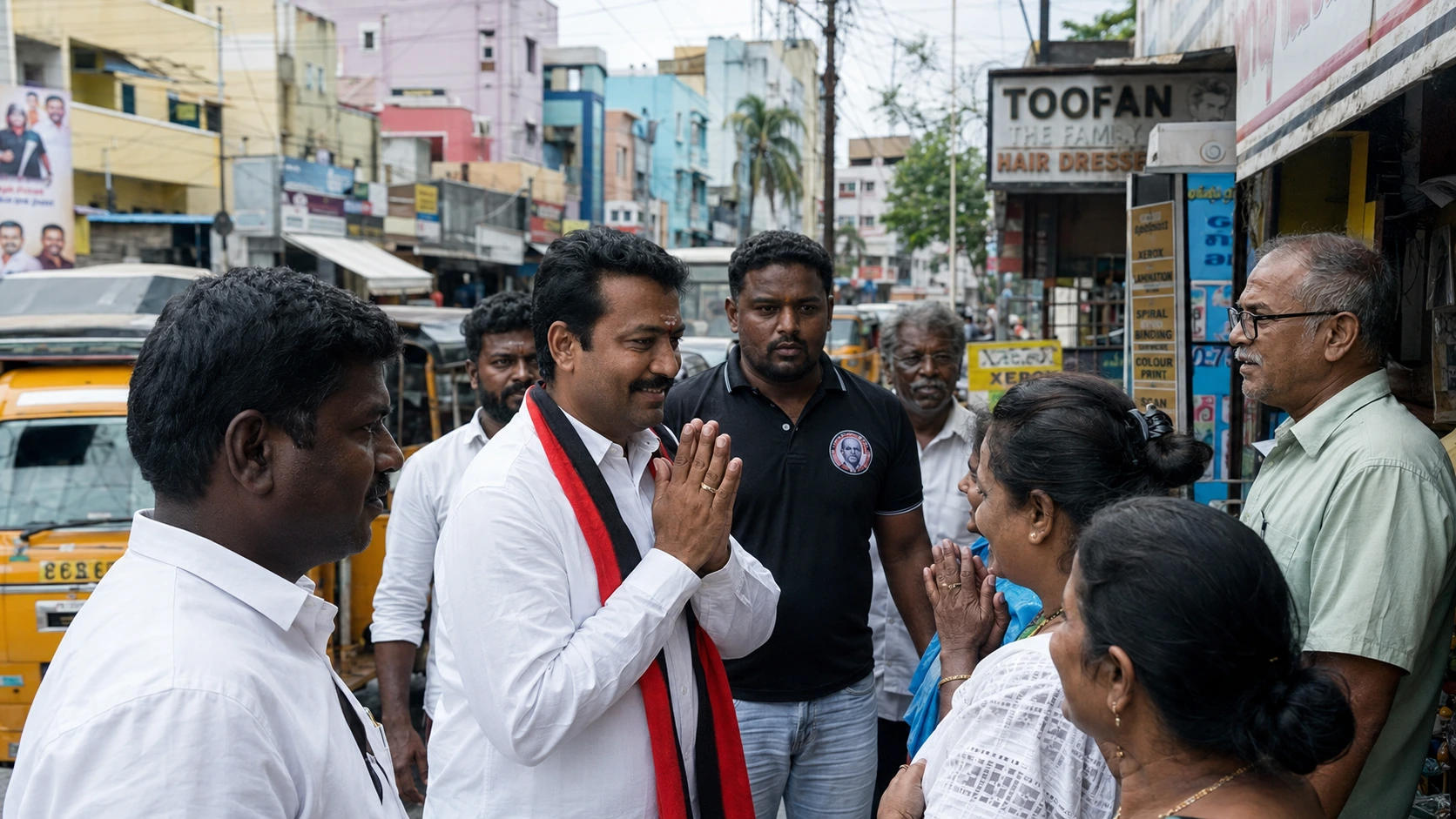 Ward candidate campaigning on a busy Chennai urban street greeting shopkeepers and residents