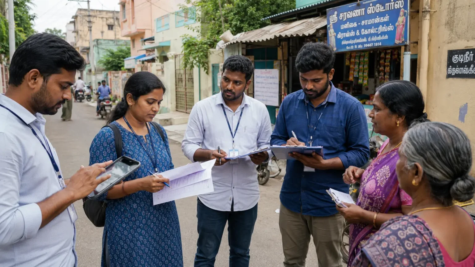Campaign field team conducting a pre-election constituency survey on a street in Tamil Nadu