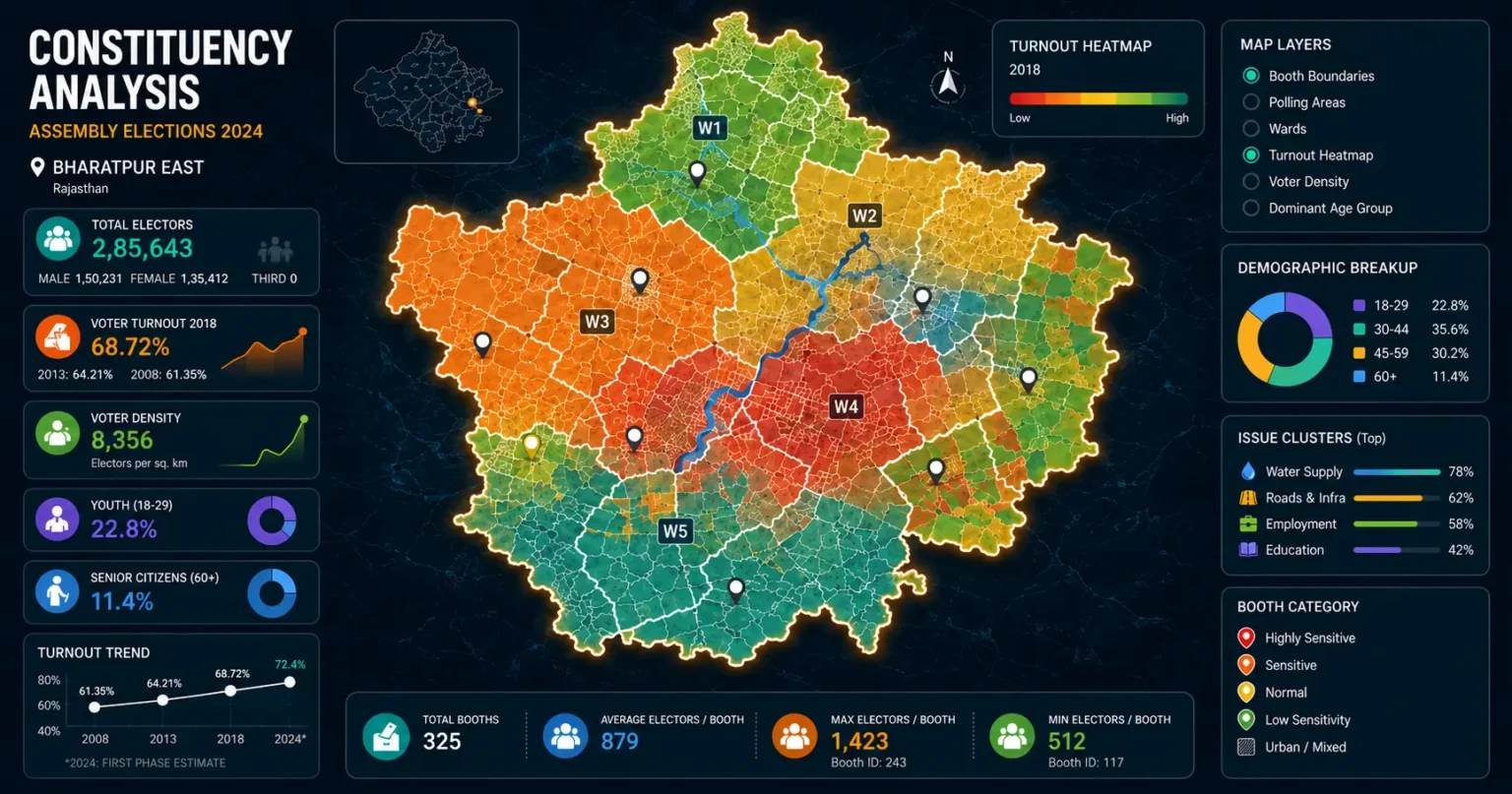 Layered constituency analysis map of an Indian assembly seat showing polling booth boundaries and demographic overlays