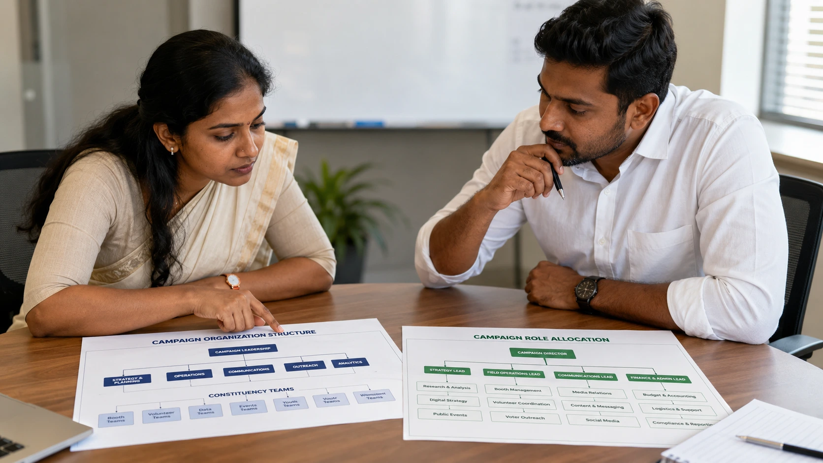 Two professionals in a meeting room comparing printed campaign role charts