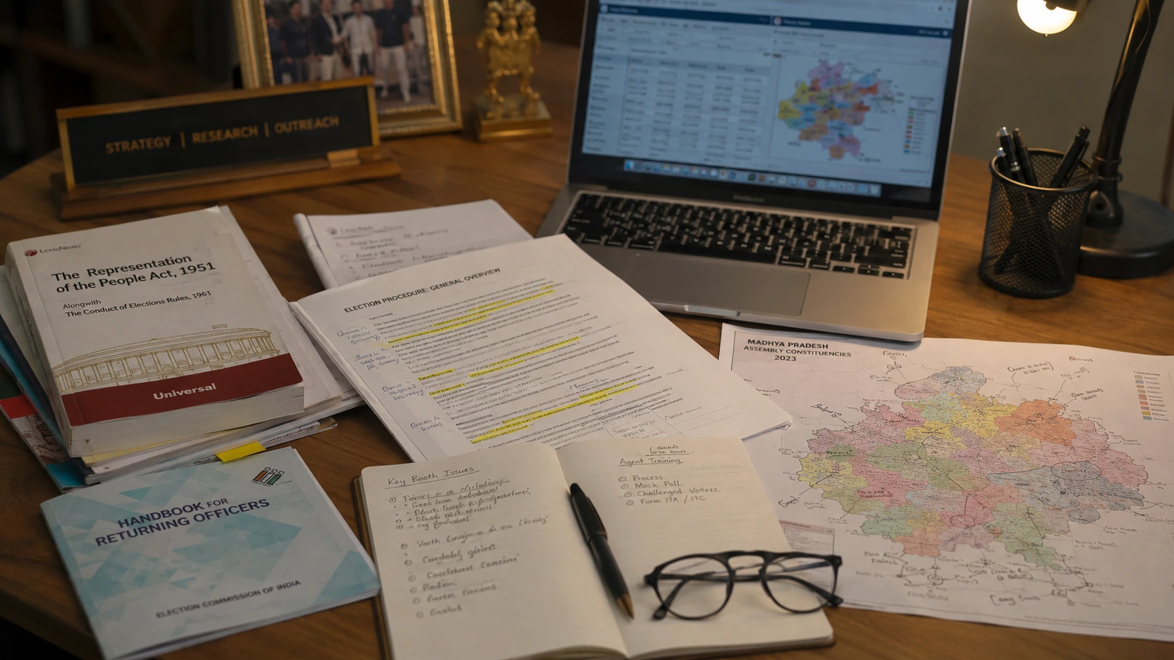 Consultant's desk with printed materials on Indian election law and regional campaign maps