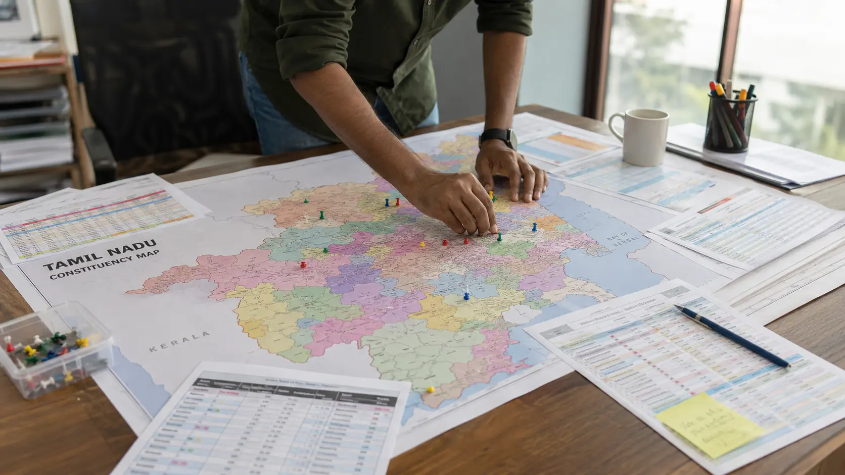 Political analyst placing pins on a Tamil Nadu constituency map marking swing seats