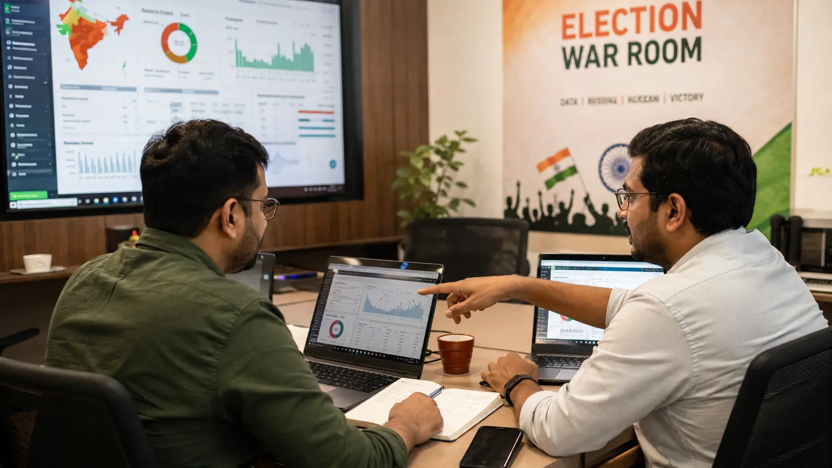 Two war room team members working side by side on laptops showing campaign data dashboards
