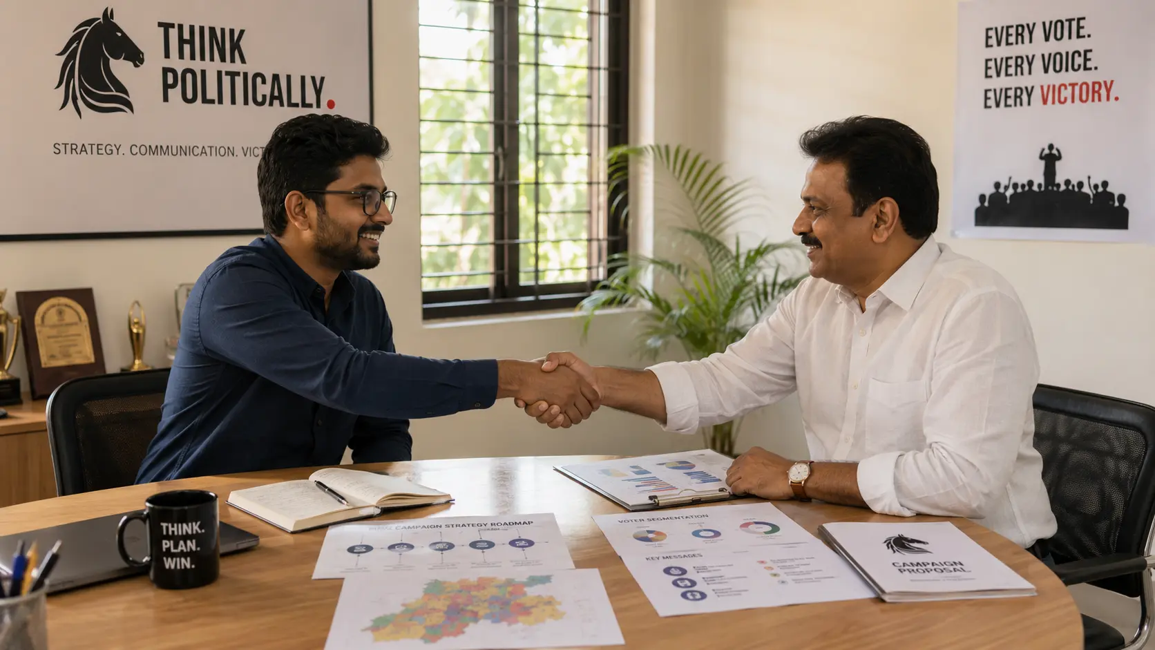 Political consultant shaking hands with a prospective candidate client in a meeting room