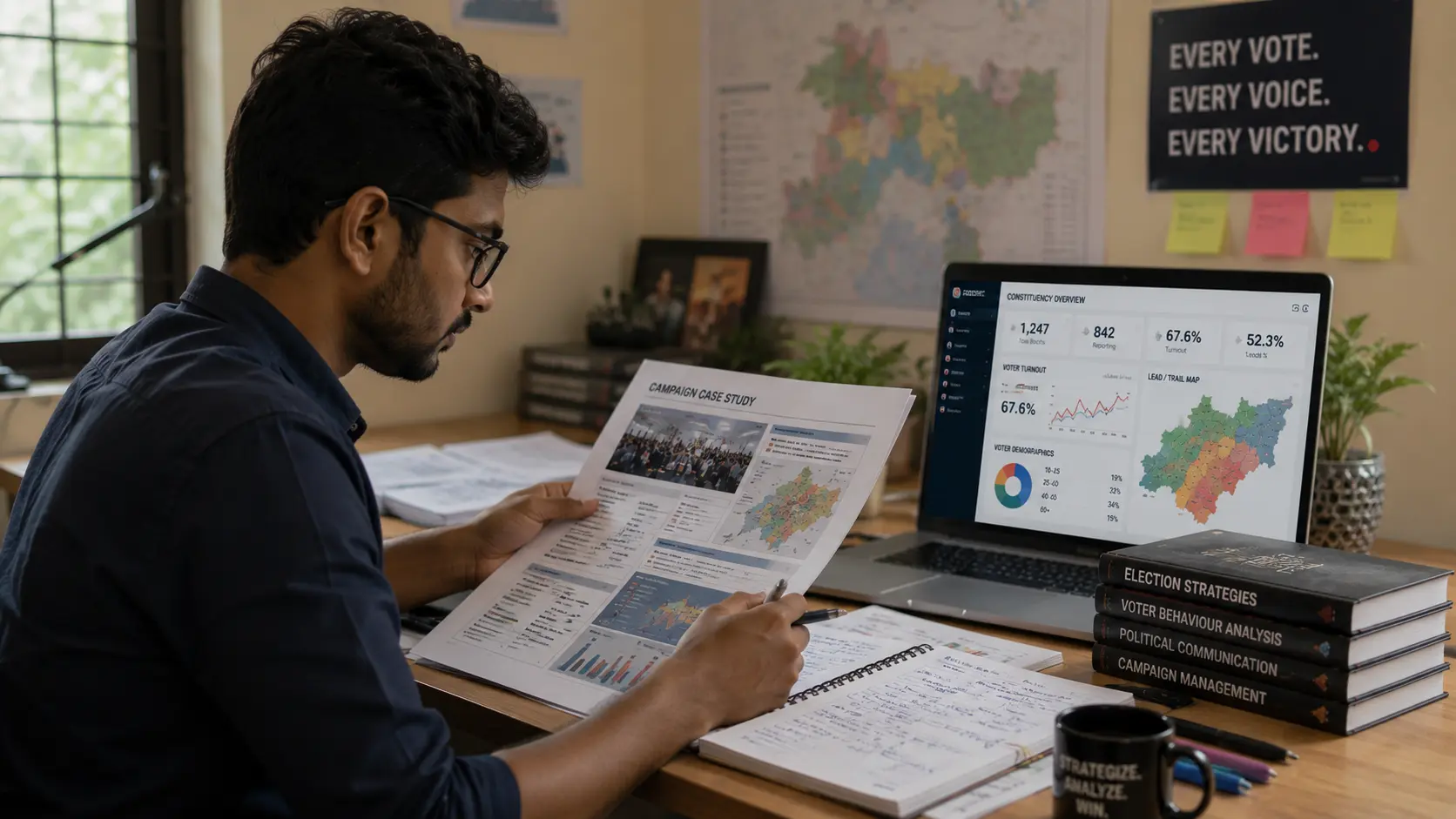 Young political consultant studying campaign case-study materials and analytics on a laptop