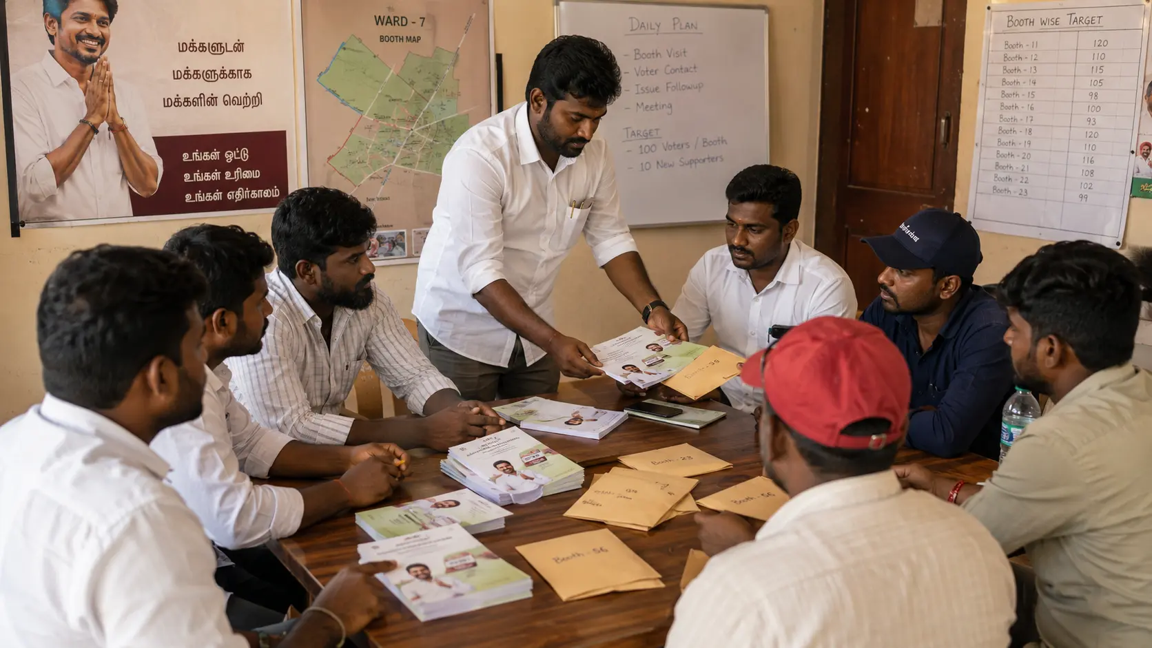 Booth-level campaign volunteers being briefed and handed materials by a coordinator