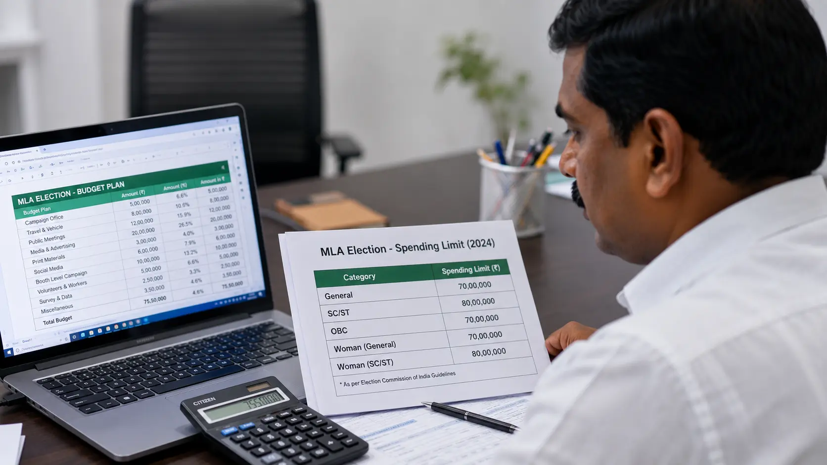 Campaign finance manager reviewing a spreadsheet budget plan alongside a printed spending-limit chart