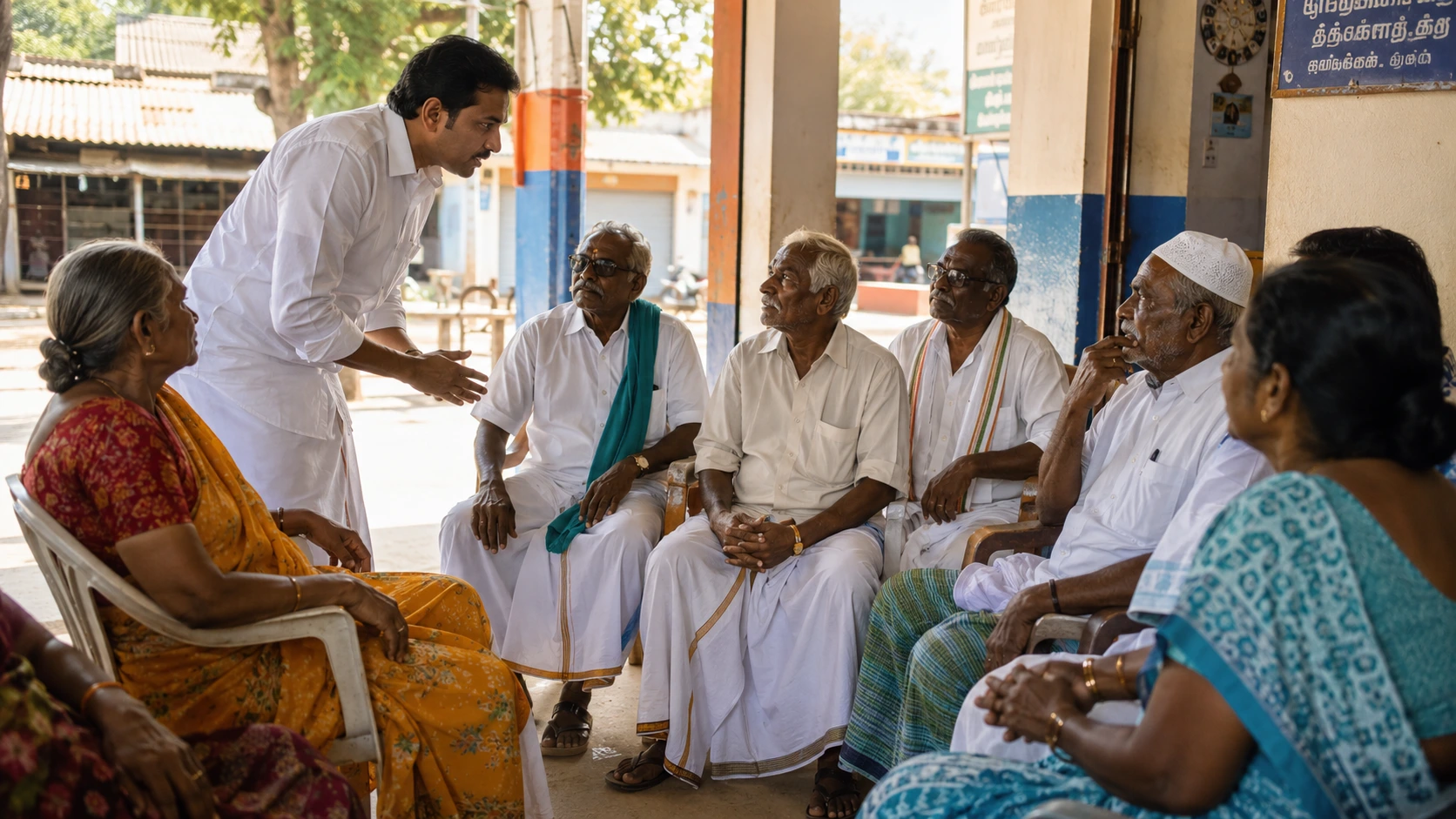 Candidate in conversation with village elders from different communities under a community hall veranda