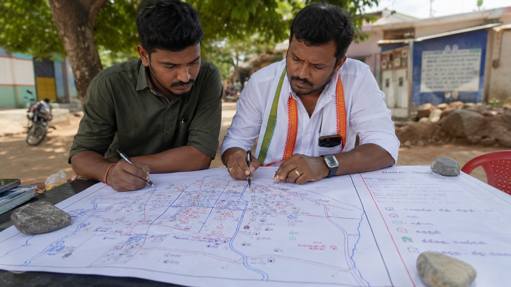 Candidate and volunteer studying a hand-drawn panchayat ward map spread on a table outdoors