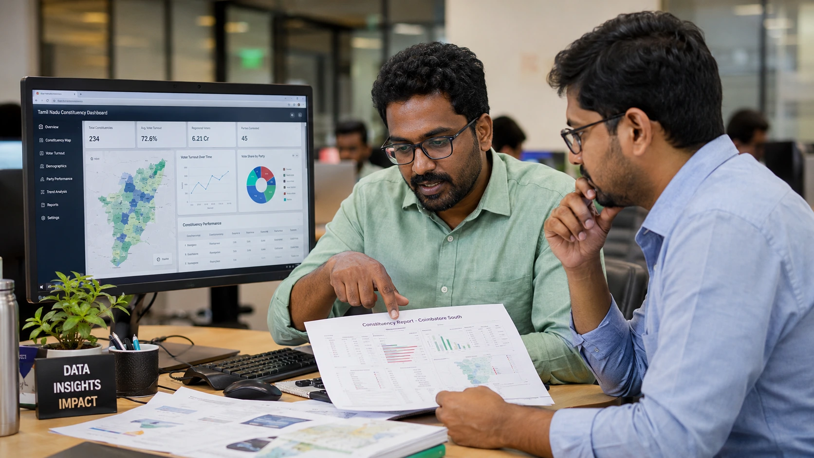 Two data analysts cross-referencing a printed constituency report against a live election dashboard