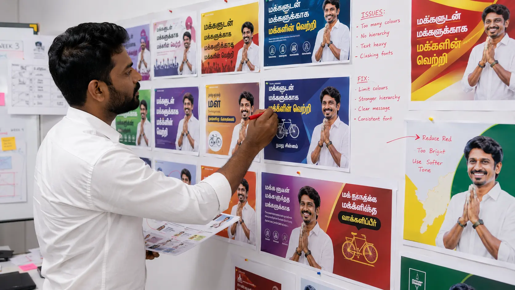 Branding consultant reviewing a wall of printed campaign posters and banner mockups