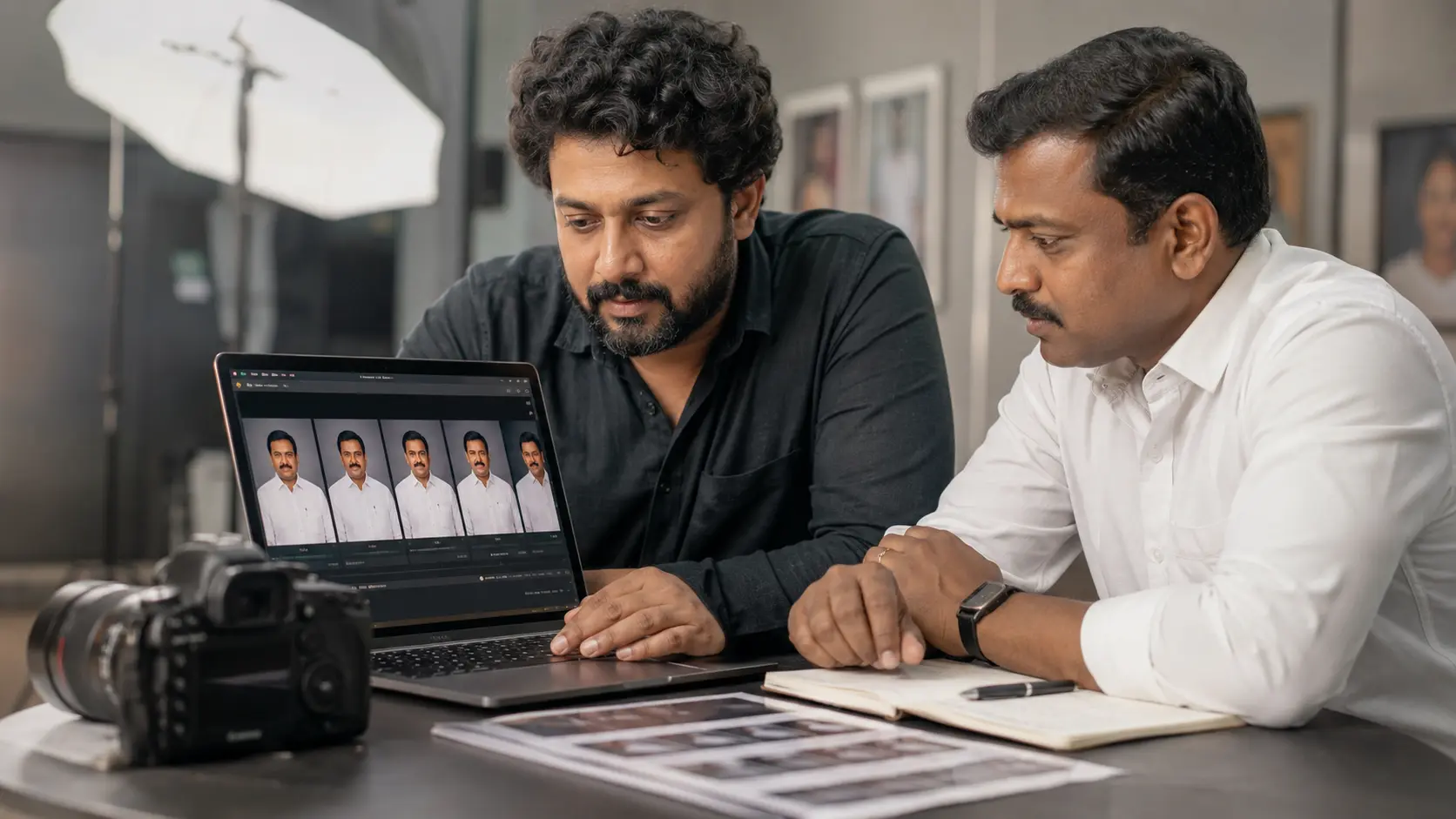 Photographer and campaign manager reviewing candidate portrait photo proofs on a laptop screen