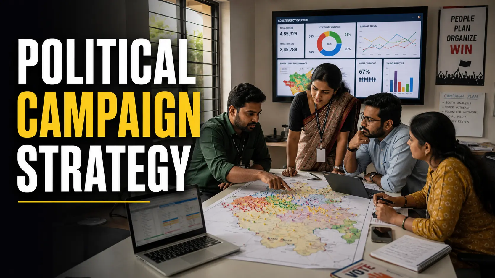 A political campaign strategy team reviewing a constituency map with booth-level markers in a campaign war room