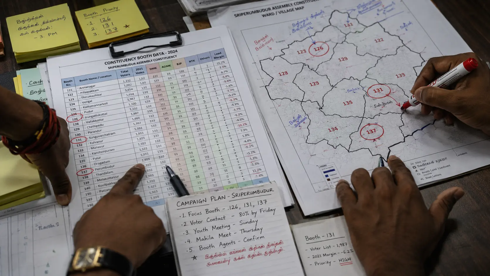 Close-up of a campaign team annotating a printed booth-level voter data sheet and constituency map