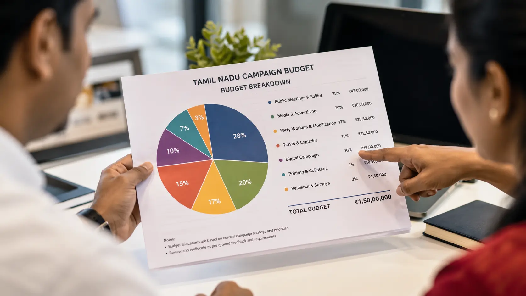 Pie-chart-style campaign budget breakdown printed on paper being reviewed by two people