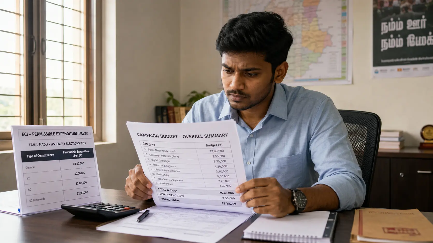 First-time candidate reviewing an overall campaign budget printout with an ECI spending-limit reference chart