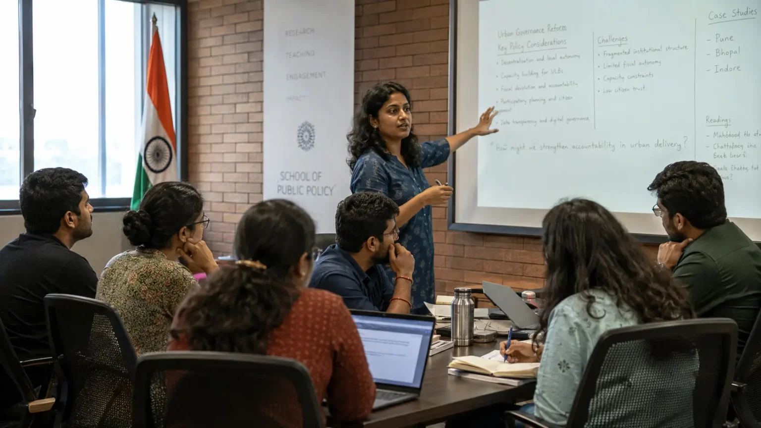 Diverse group of Indian graduate students and young professionals in discussion during a political science seminar