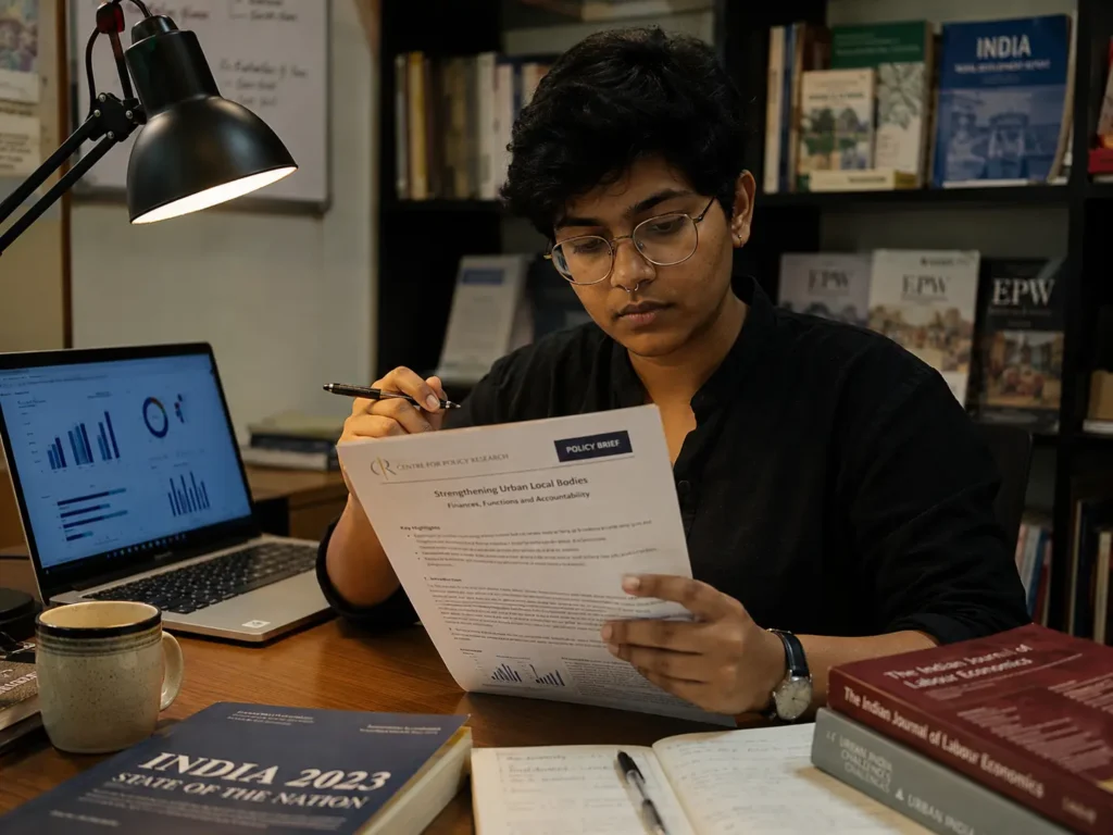 Young professional reviewing a printed policy brief at a desk with a laptop showing research data