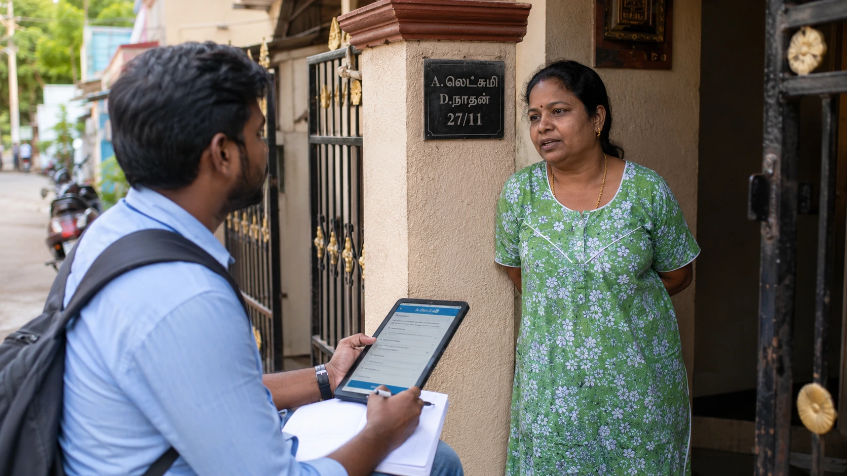 Survey researcher interviewing a voter on a doorstep with a tablet showing a structured questionnaire