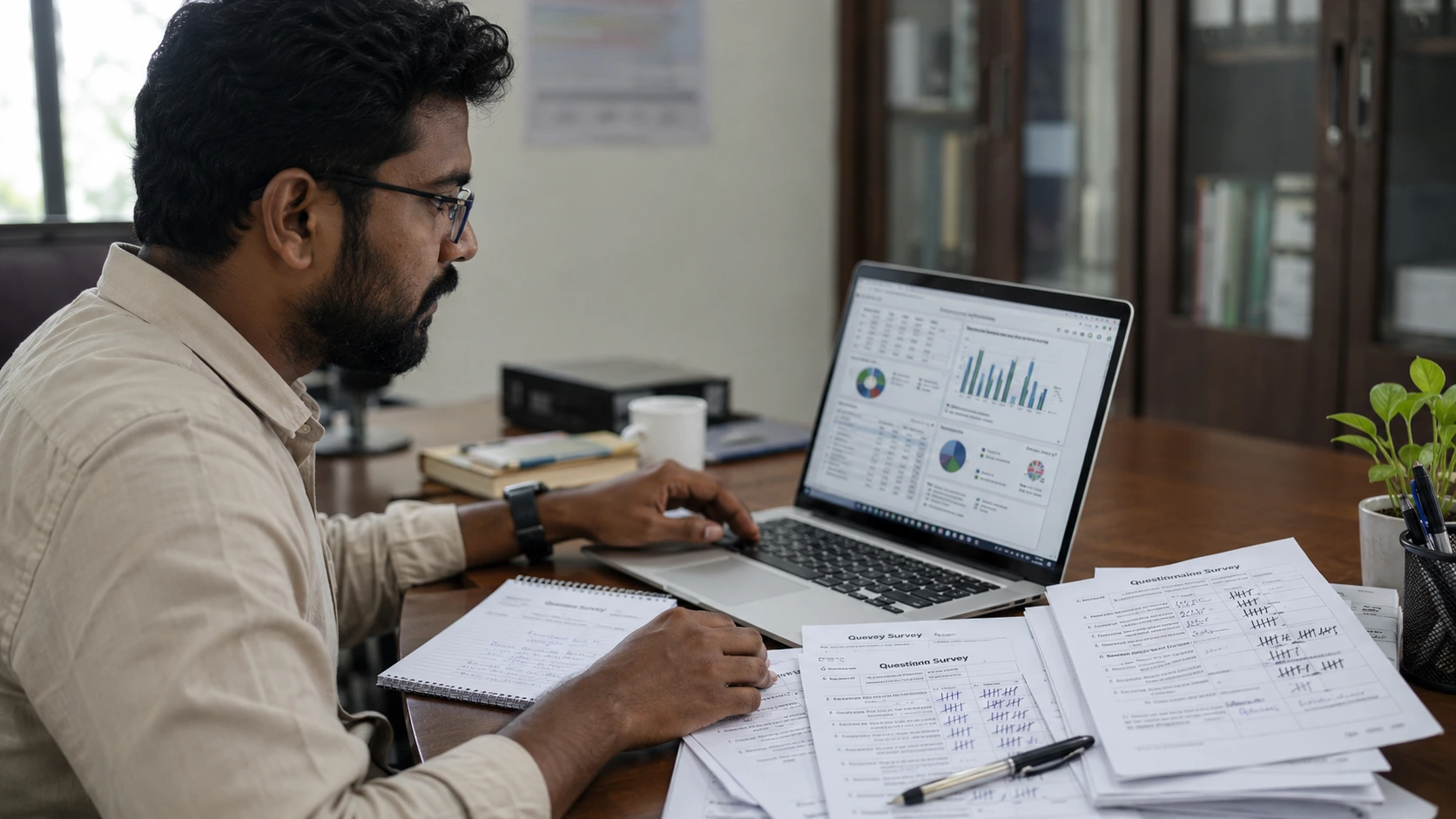 Researcher reviewing survey response data on a laptop beside printed questionnaire sheets