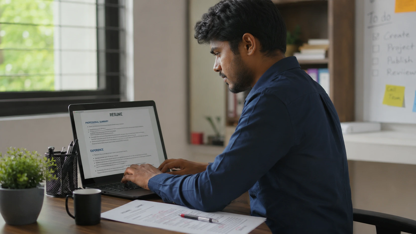 Young professional typing a resume on a laptop with a printed draft beside the keyboard