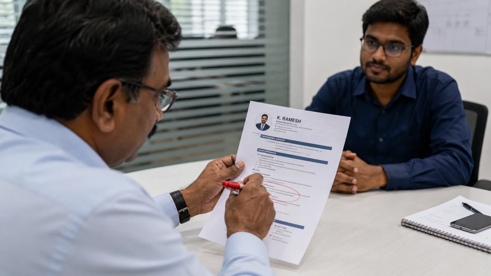 Mentor reviewing a printed political resume with a red pen while the resume owner listens