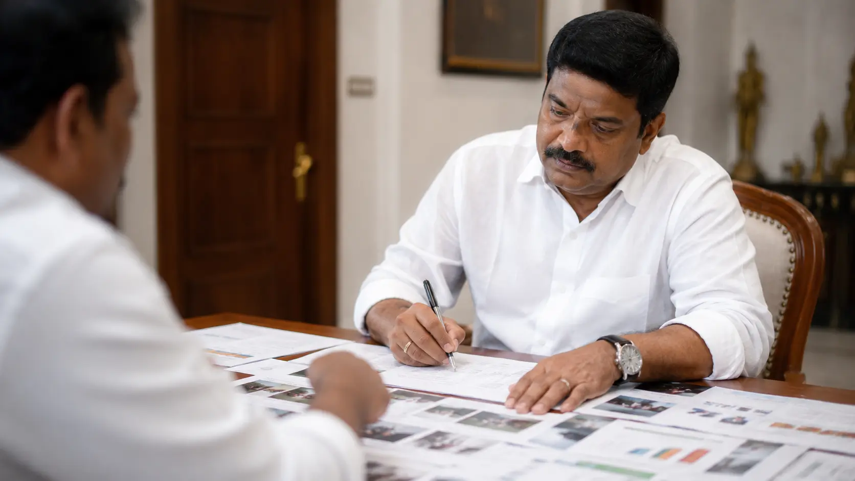 Candidate reviewing a political strategist's printed portfolio and past campaign case studies