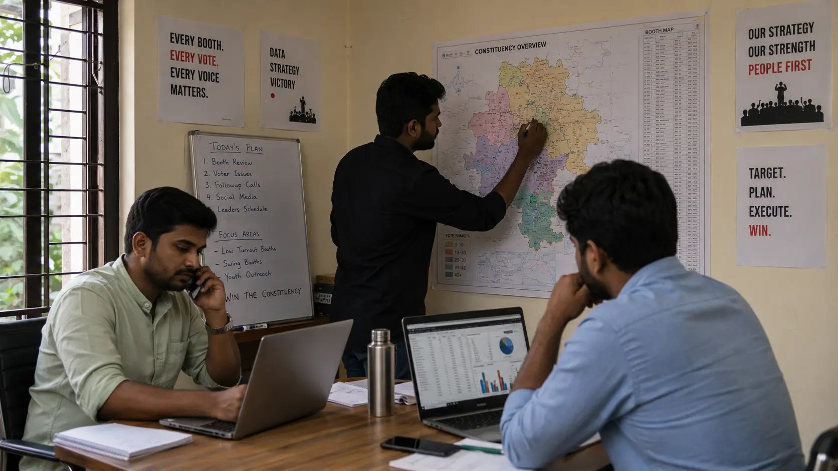 Small constituency-level war room team marking a printed booth map and working on laptops