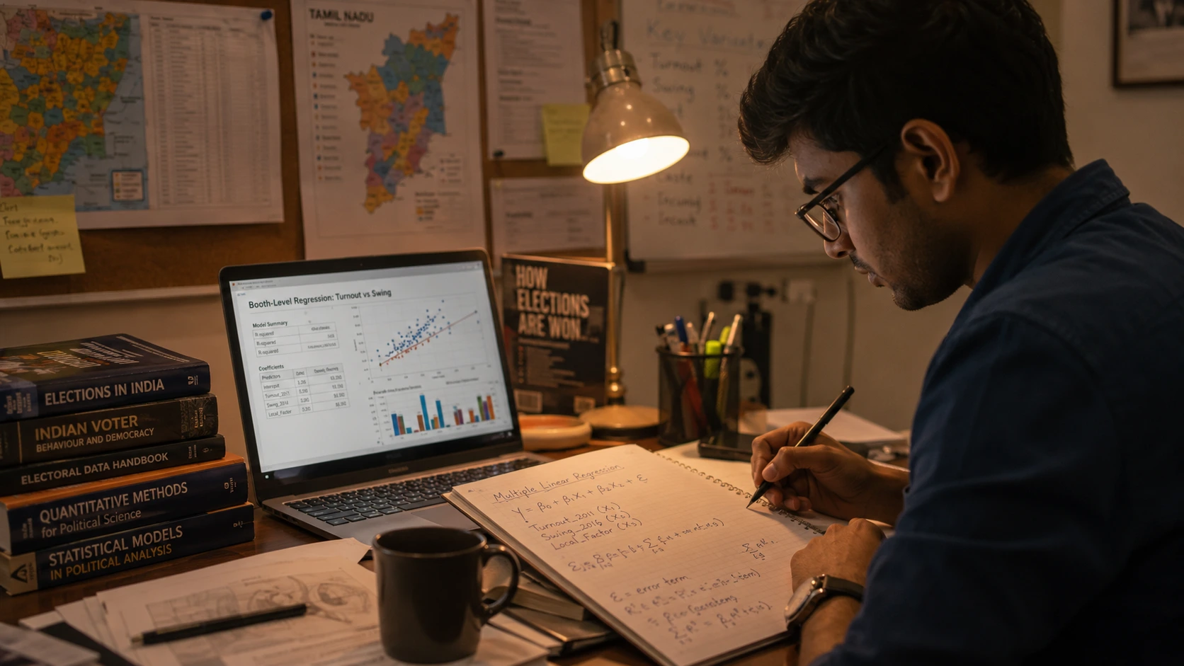 Young researcher building a statistical election-prediction model with a notebook of formulas beside a laptop