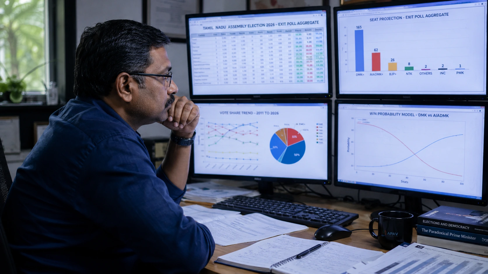 Psephologist analyzing exit-poll data and statistical models across multiple monitors
