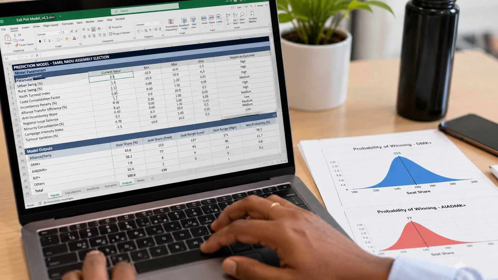 Hands adjusting variables in a statistical election-prediction model spreadsheet beside printed probability charts