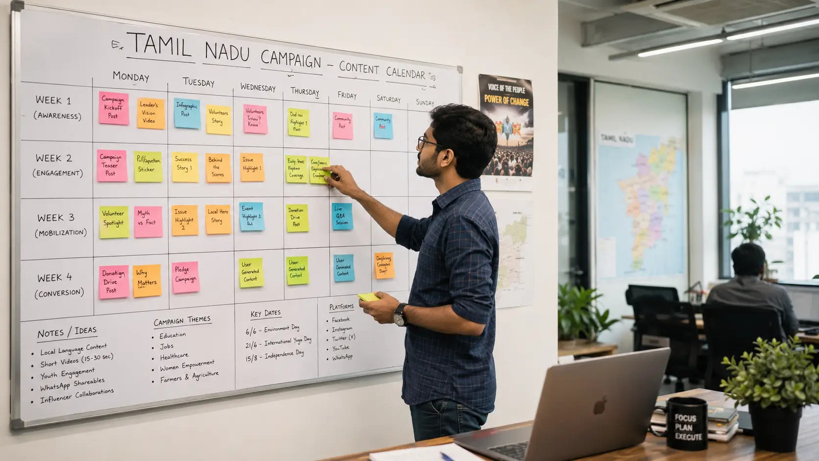 Campaign social media coordinator planning a content calendar on a wall-mounted whiteboard grid