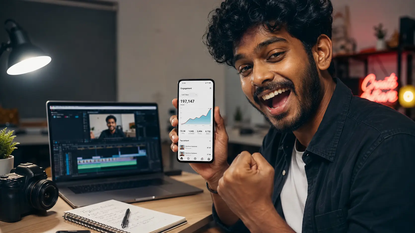 Content creator reviewing a short-form video's engagement analytics on a phone screen