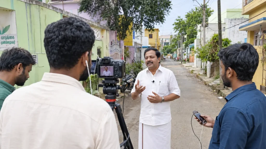 Candidate recording a Tamil YouTube campaign video on location in a Tamil Nadu neighbourhood with a small crew