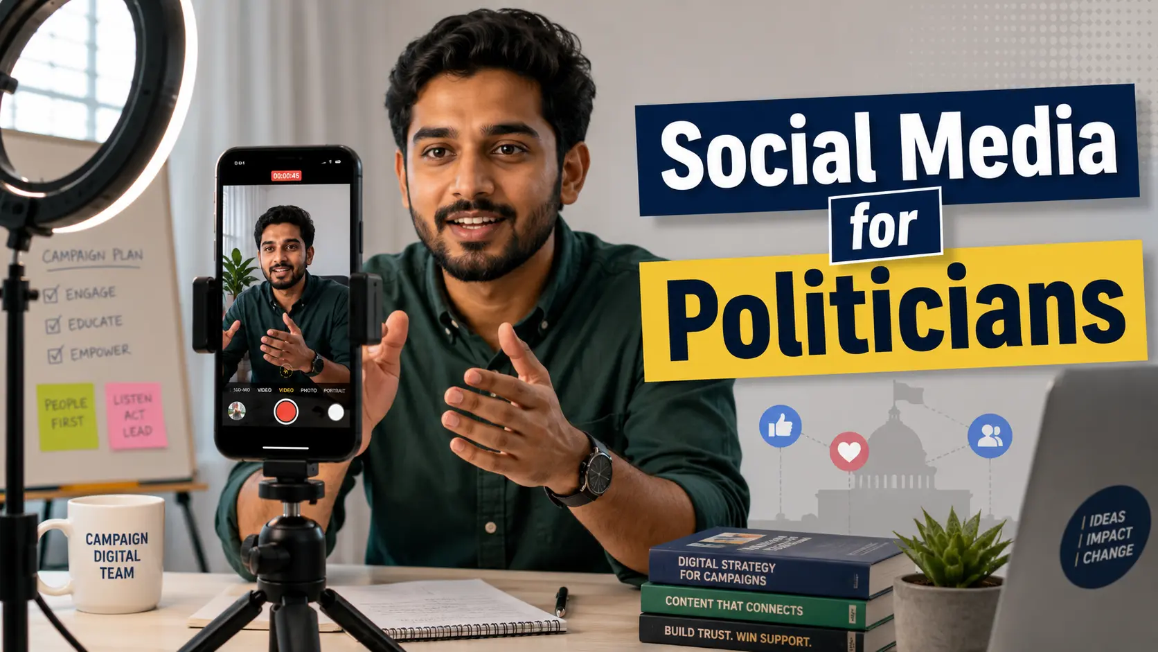 A campaign digital team member filming a short vertical video on a smartphone for social media