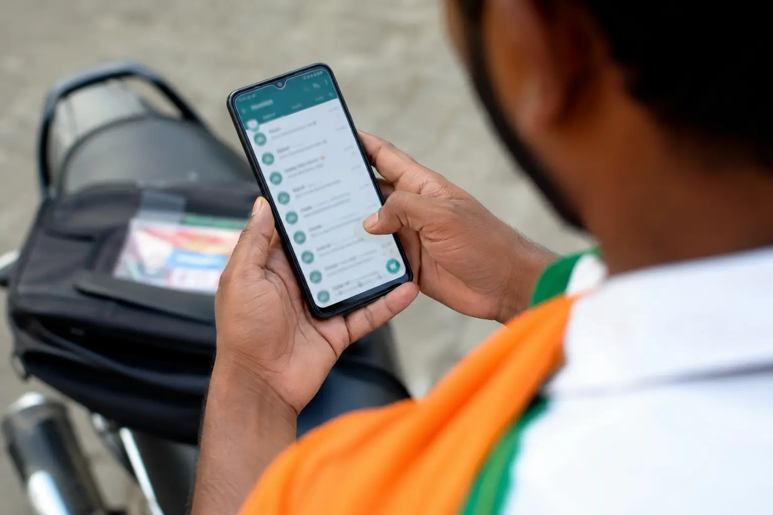 A campaign volunteer's hands holding a smartphone scrolling a WhatsApp broadcast group list