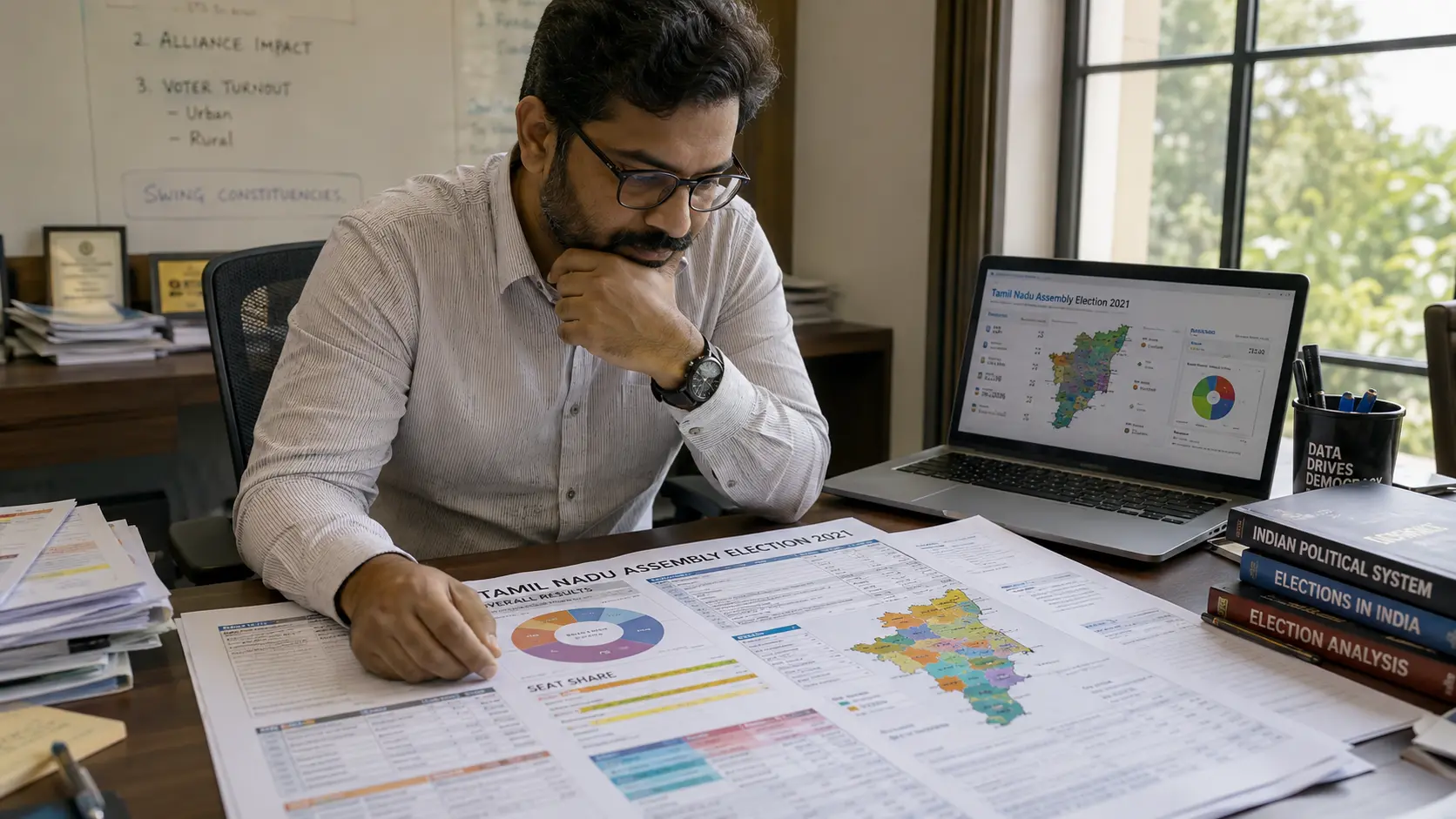 Political research analyst studying a printed 2026 Tamil Nadu election results report beside a laptop dashboard