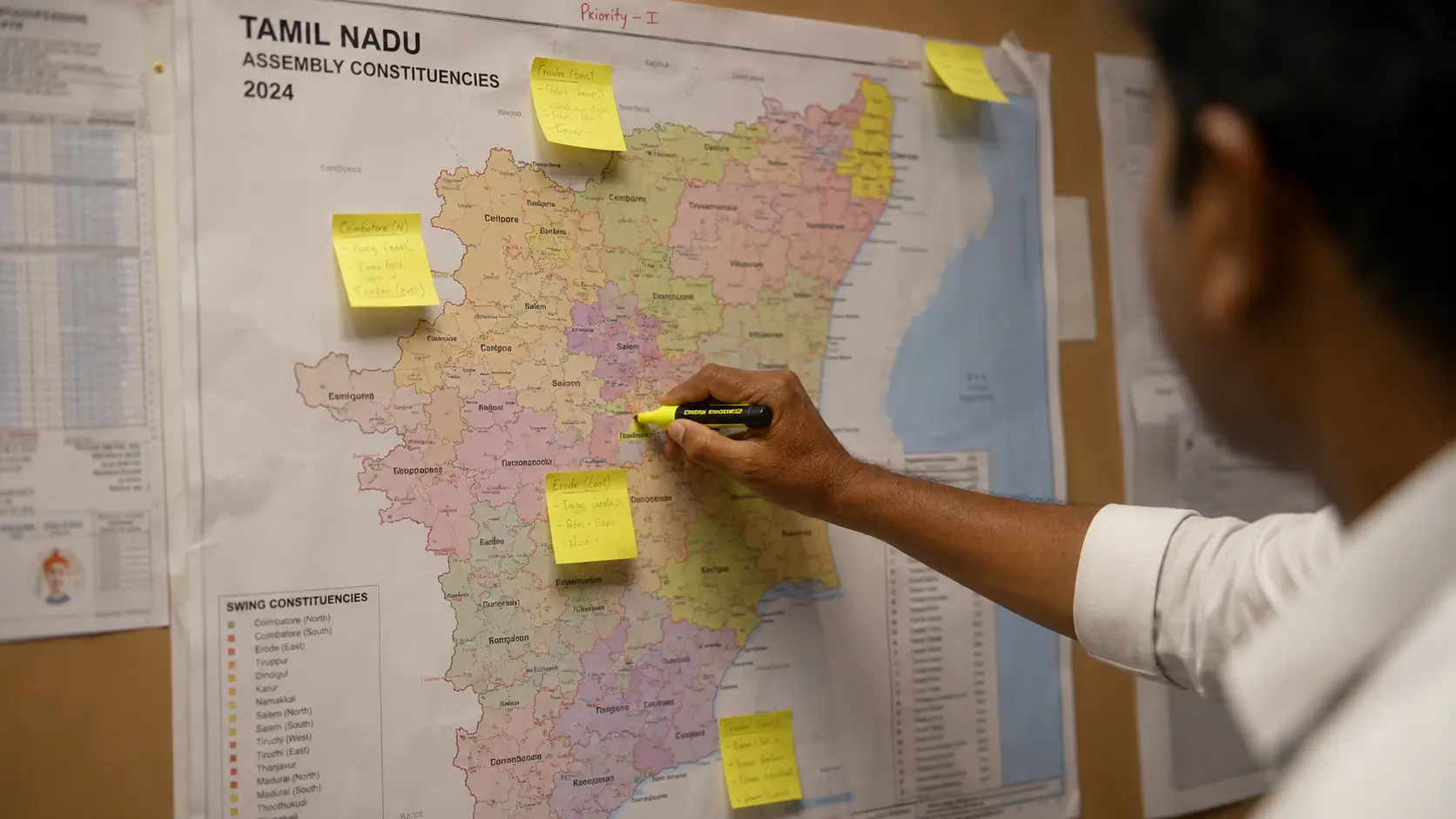 Analyst marking swing constituencies with a highlighter on a printed Tamil Nadu political map